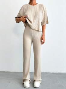 SHEIN Tall Enkel Summer Solid Loose Drop Shoulder Kortärmad topp och raka byxor - Beige - Visa 5