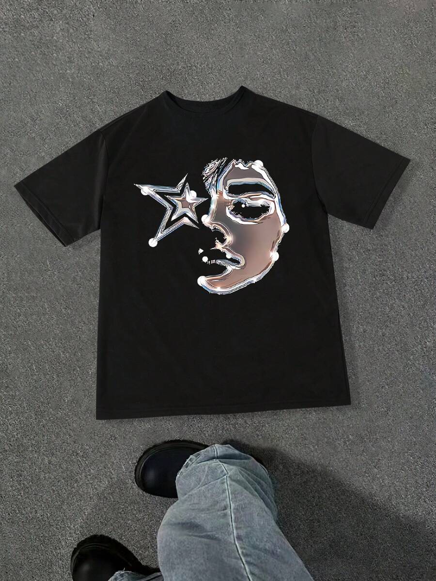 SHEIN 青少年男孩圆领短袖面部印花休闲 T 恤 - 黑色 - 查看 1