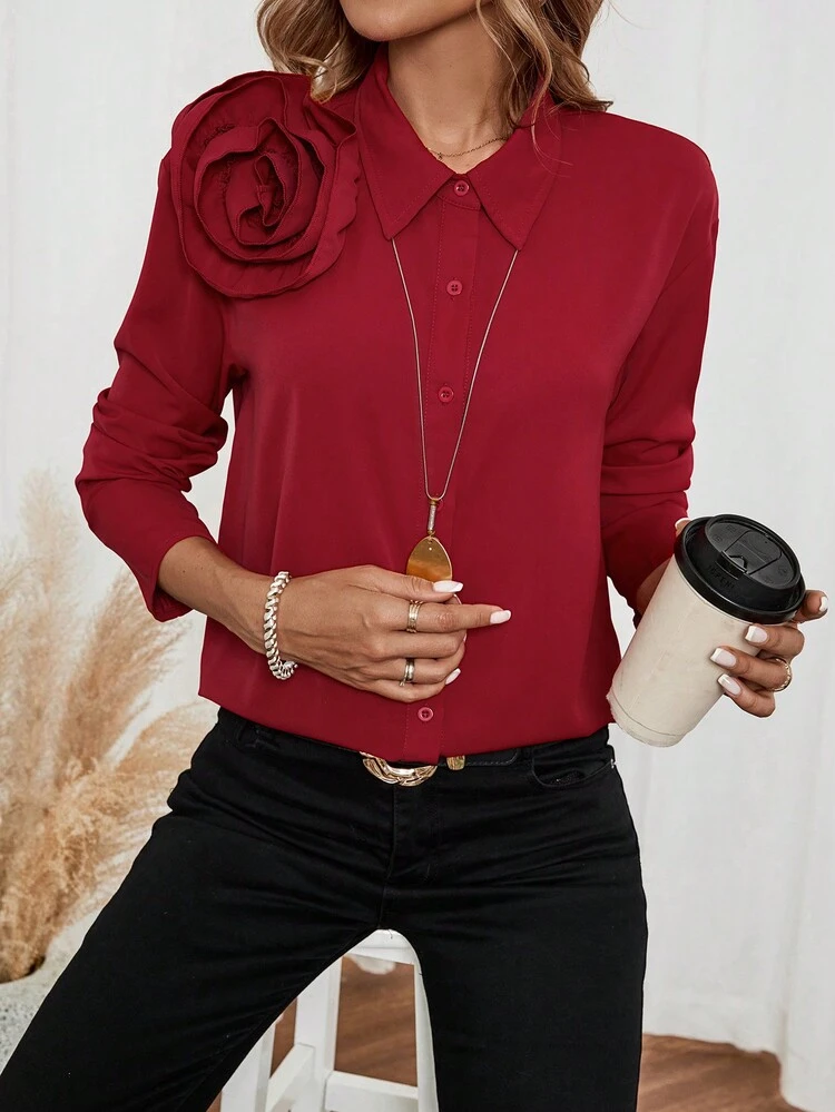 Women's Casual 3D Floral Long Sleeve Blouse, Spring & Autumn Button Down Blouse Fall Women Shirts Work Women Blouses