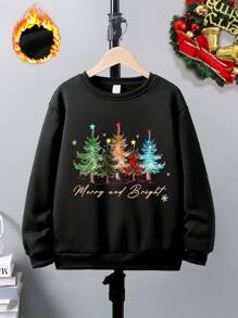 SHEIN Áo nỉ lót nhiệt in chữ cây thông Noel nhiều màu sắc thường ngày cho nam, thích hợp cho các bữa tiệc Giáng sinh gia đình vào mùa thu/đông - màu đen - Xem 1