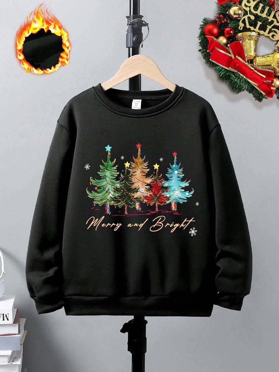 SHEIN Áo nỉ lót nhiệt in chữ cây thông Noel nhiều màu sắc thường ngày cho nam, thích hợp cho các bữa tiệc Giáng sinh gia đình vào mùa thu/đông - màu đen - Xem 1