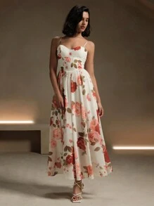 Anewsta Vestido de tirantes de mujer con elegante estampado de rosas y flores, para el verano - Blanco - Ver 5