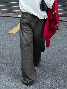Women Loose Straight Leg Jeans - Grey - View 2