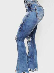 Women's Pearl Jeans, High Waisted Stretch Ripped Distressed Denim Pants,Flared Jeans For Women - Blue - View 4