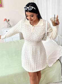 Calvaya Vestido de punto de manga larga de unicolor y simple para uso diario para mujeres de talla grande - Albaricoque - Ver 4