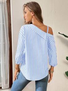 SHEIN Essnce Women's Casual Asymmetrical Shoulder Striped Blouse, Spring Summer