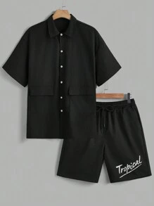 Manfinity Hypemode Conjunto de camisa de cargo de unicolor casual de verano y pantalones cortos con estampado de letras para hombre