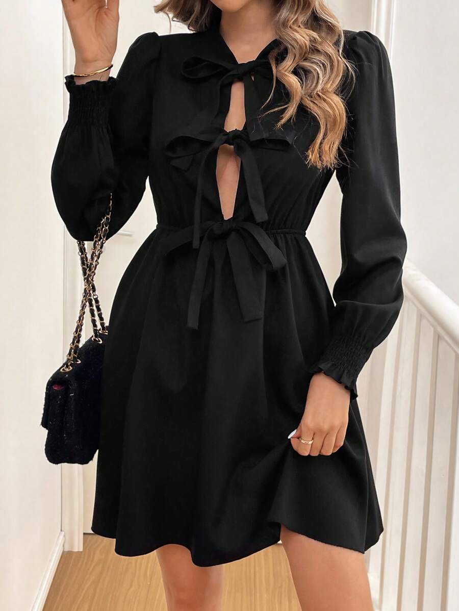 Chiquease Front Tie Casual Solid Color Long Sleeve Dress - Black - View 1