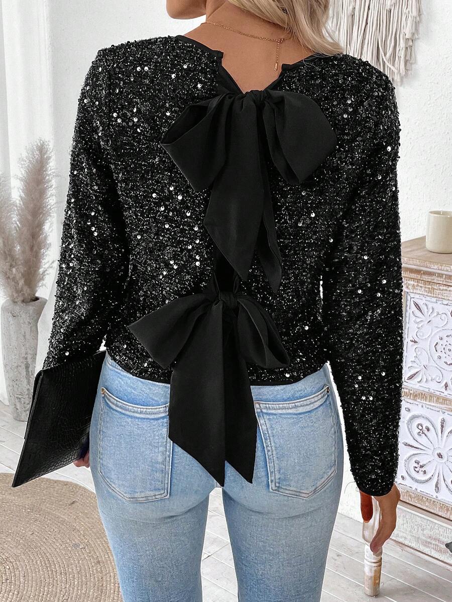 Chiquease Veste avec détail de nœud papillon scintillante, noire avec sequins, à manches longues, deux façons de porter, printemps/automne - Noir - Voir 1