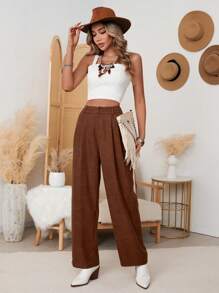 SHEIN VCAY 女士休闲纯色编织直筒裤（配腰带环） - 棕色 - 查看 6