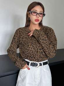 DAZY Leopard Print Round Neck Loose Short Sleeve T-Shirt For Women,Fall Clothes,Back To School Clothes Long Sleeve Women Tops