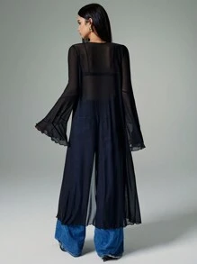 Poéselle 女式纯色 Y2K 荷叶边网眼喇叭袖前系带长款时尚衬衫