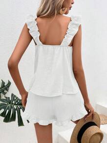 Breezaya Solid Ruffle Trim Top & Shorts - White - View 2