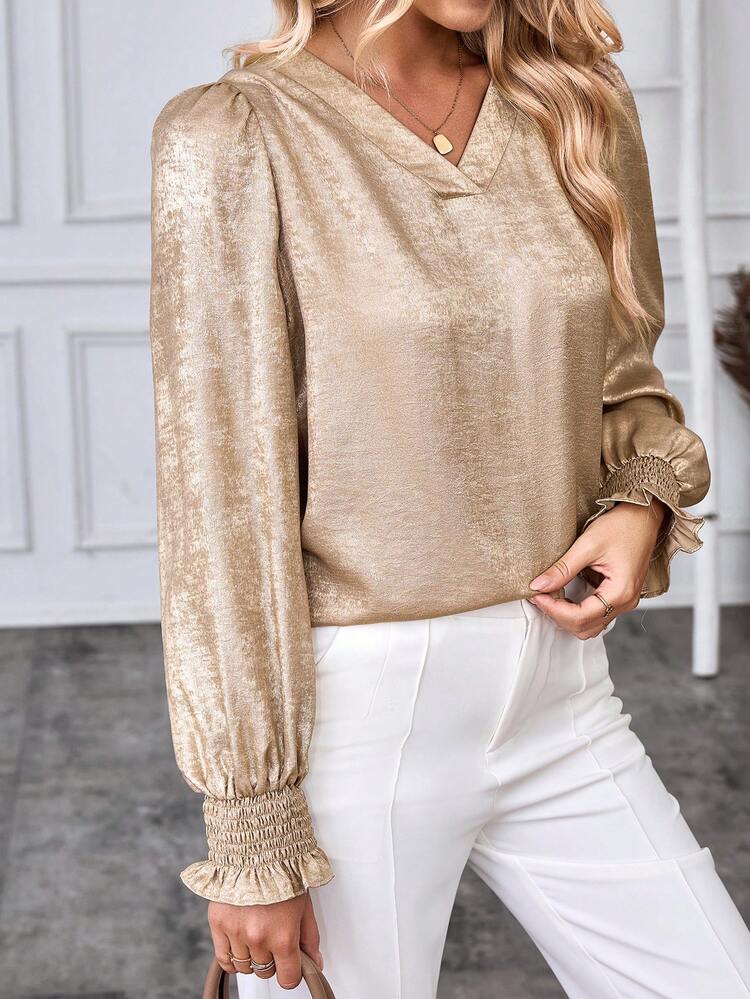 Women's Solid V-Neck Long Sleeve Simple Blouse, Casual Everyday Wear