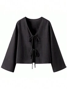 INAWLY 女士纯色 V 领扭纹长袖休闲黑色女式衬衫 - 黑色 - 查看 5