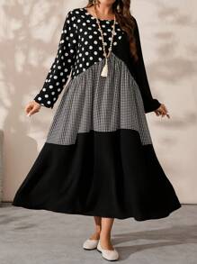 EMERY ROSE Plus Size Crew Neck Long Sleeve Polka Dot & Plaid Contrast Color Charming Fall Dress