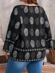 EMERY ROSE Plus Size Round Neck All-Over Print Casual Long Sleeve Fall Shirt - Black - View 2