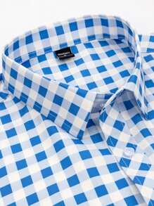 Manfinity Homme Men's Plaid Printed Casual Short Sleeve Shirt, Summer Clothes - Blue and White - View 5