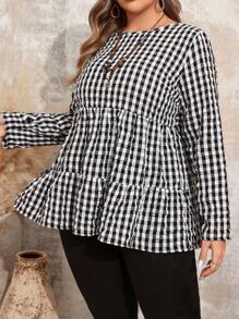 EMERY ROSE Plus Size Women's Round Neck Long Sleeve Ruffled Loose Plaid Blouse,Fall Clothes - Black and White - View 4