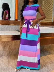 EMERY ROSE Striped Colorblocked Dress With Slanted Pockets And Waist Belt, Summer Maxi Women Outfit - Multicolor - View 6