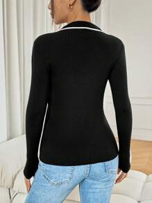 Chiquease Women's Color Block Trim Simple Daily Long Sleeve Collar Sweater