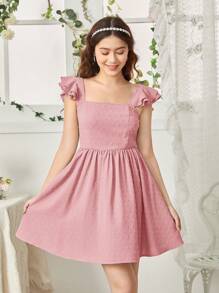 SHEIN Leap Crew Teen Girl Woven Solid Color Cut-Out Bow Back Hollow Square Collar Casual Cap Sleeve Dress - Baby Pink - View 4