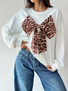 Chiquease Sudadera con cuello redondo, manga larga, decoración de lazo, estampado de leopardo, casual diaria para mujeres