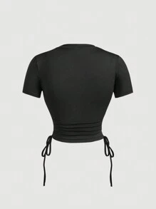 SHEIN MOD 女士可爱图案短袖 T 恤，腰部抽绳系带蝴蝶结，粉色和米色油画风格可爱熊腰带松紧带，有趣的米色，舒适的夏季 T 恤 - 黑色 - 查看 2