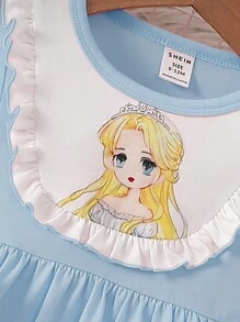 SHEIN 2pcs/Set Baby Girl Cute Princess Style Colorblock Ruffle Trim & Cartoon Pattern Long Sleeve Top And Pants Knitted Pajama Set, Spring/Fall - Baby Blue - View 4