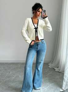 Rafferiza 休闲法式设计菱形纹理撞色边饰长袖针织开衫、长袖上衣 - 米色 - 查看 6