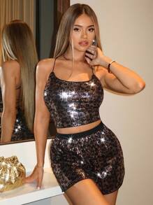 Zolique Women's Leopard Sequin Backless Sexy Camisole Tank Top ,Club Tops,Disco Outfit,Sexy Tops