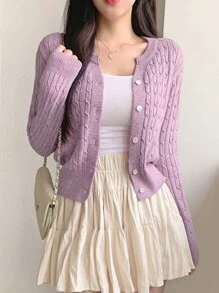 Cárdigan casual de mujer con nudo de punto y cierre de botón de una hilera, manga larga, otoño/invierno - Morado - Ver 6