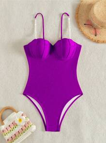 SHEIN Swim Traje de baño de una pieza sin mangas con detalles decorativos, ajuste delgado para el verano