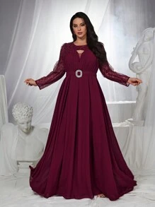 SHEIN Belle Burgundy Red Plus Size Burgundy Red Hollow Out Sequin Fabric Elegant Mother Of Bride Formal Dress