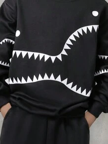 2pcs Tween Boy Funny Shark Teeth Print Hooded Sweatshirt And Print Sweatpants Set, Autumn/Winter - Black - View 4