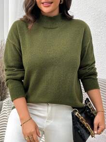Calvaya Plus Size Solid Color Stand Collar Army Green Sweater For Fall & Winter - Dark Green - View 4