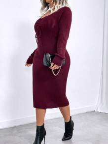 SHEIN Clasi 大码女式纯色 V 领抽绳褶皱侧开衩修身超长长袖毛衣裙，优雅浪漫，酒红色，秋冬，冬季 - 酒紅色 - 查看 5