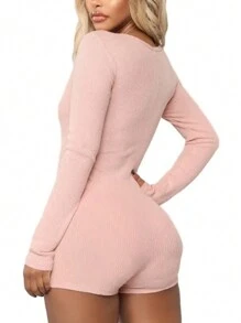 SHEIN Slayr 女士休闲纯色深 V 领连身裤，春夏 - 粉色 - 查看 2