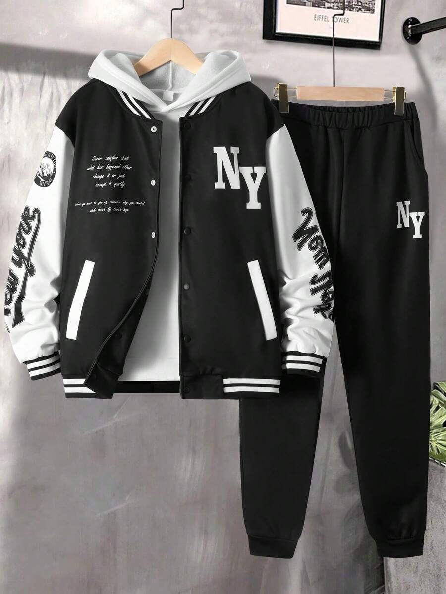 2pcs Teen Boy Basic Casual Sports Style Long Sleeve Top And Pants Set