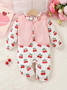SHEIN 2pcs/Set Baby Girl Cute Digital Cherry Print Ruffled Collar Jumpsuit And Solid Color Fleece Vest Homewear Set - Multicolor - View 4