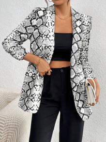SHEIN Essnce 女士春夏休闲蛇皮图案翻领西装外套 - 黑與白 - 查看 3