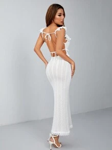 SHEIN PETITE Đầm đuôi cá dài gợi cảm và thanh lịch, tay áo nhún bèo đan móc màu trắng gợi cảm có dây đai rỗng ở phía sau - trắng - Xem 2