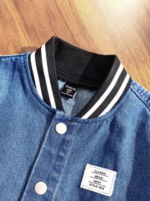 SHEIN Young Boy Fashion Casual Striped Border Black Knit Long Sleeve Spliced Blue Cowboy Baseball Jacket For Dailywear And Fall Boys Clothes