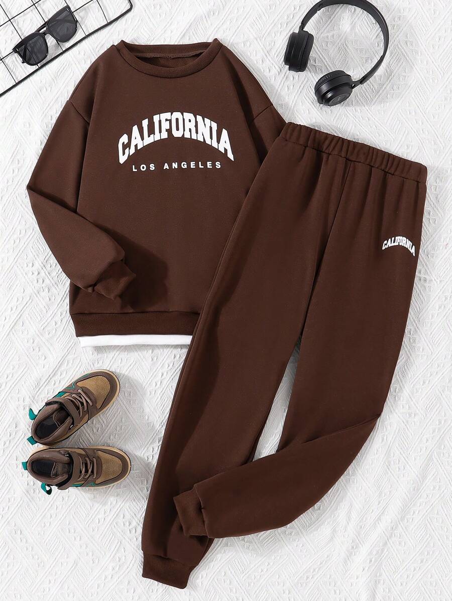 男童青少年基本款圆领印花运动衫和抽绳下摆运动裤 2 件套服装，秋冬