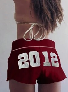 INAWLY 女士休闲抽绳腰印花短裤 - 酒紅色 - 查看 1