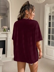 SHEIN Frenchy Women's Short Sleeve T-Shirt With Letter Print Christmas Summer Casual - Red Violet - View 2