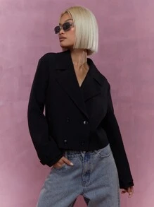 MISSGUIDED Revere Collar Crop Sheer Backless Double Breasted Coat Jacket Winter Wear - Black - View 1