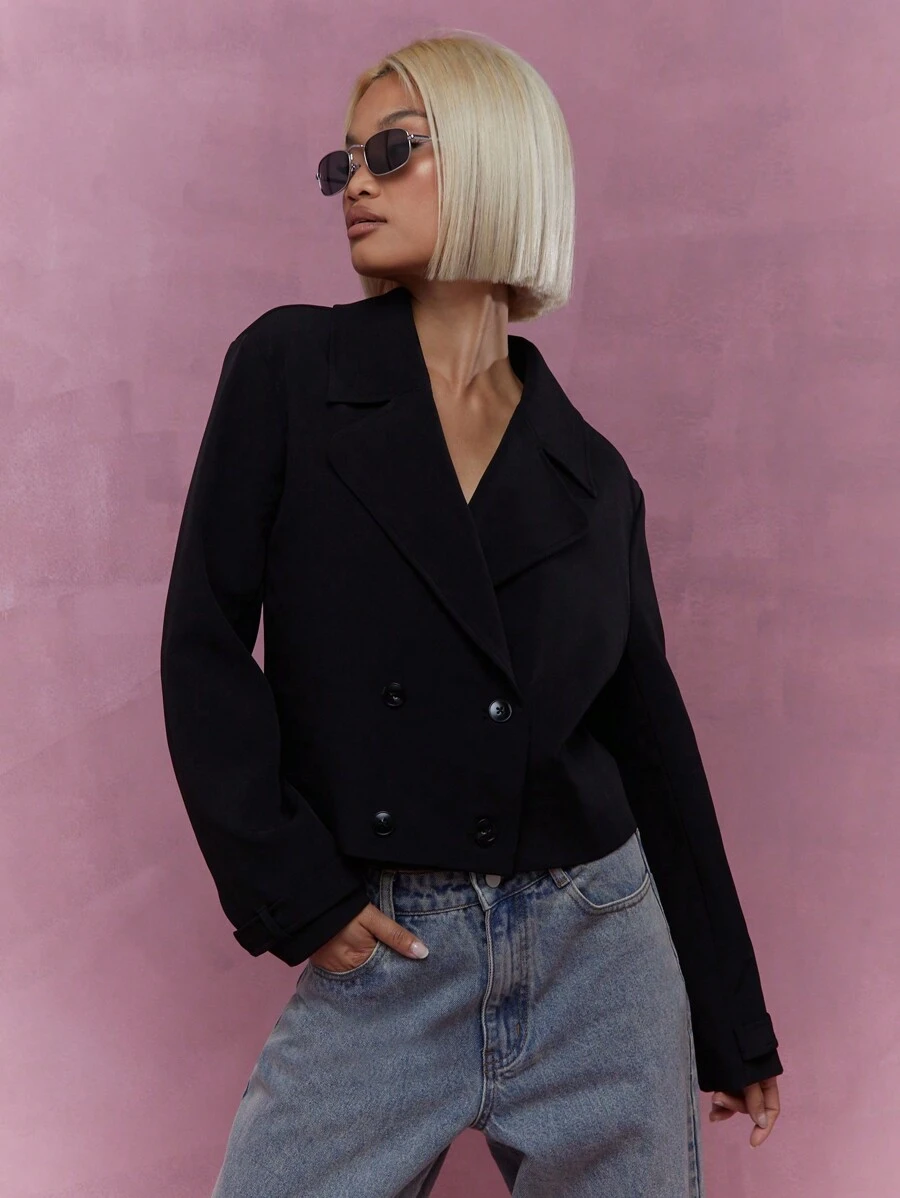 MISSGUIDED Revere Collar Crop Sheer Backless Double Breasted Coat Jacket Winter Wear - Black - View 1