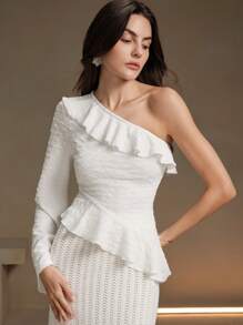 Anewsta Damen asymmetrische Hals Volant Design plissierte elegante Bluse