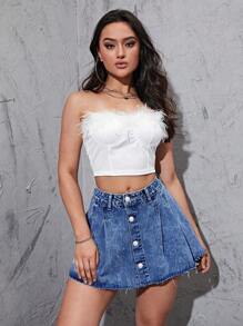 SHEIN EZwear Women's Frayed Buttoned Front Short Denim Skirt - Dark Wash - View 2